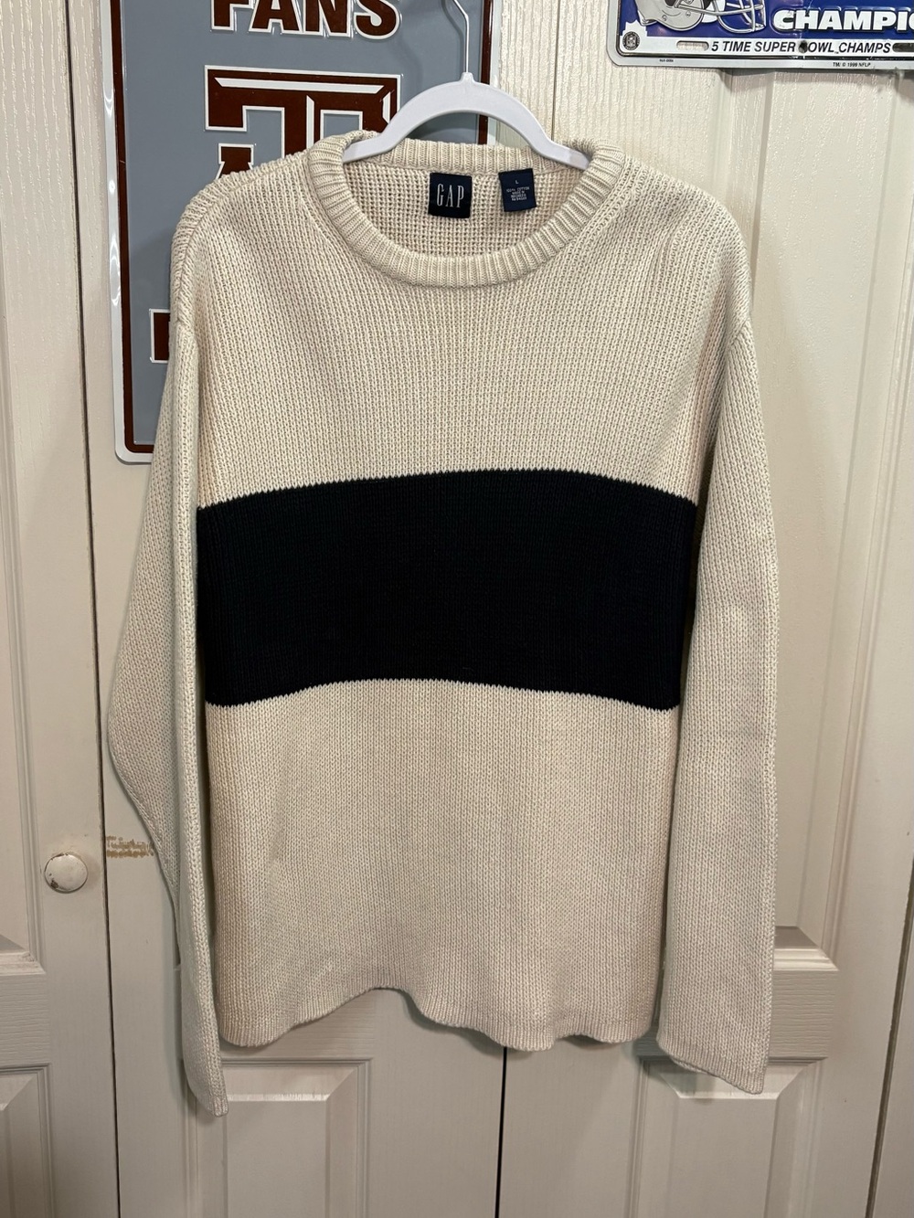 GAP Cream Crewneck Sweater with Black Center Stripe